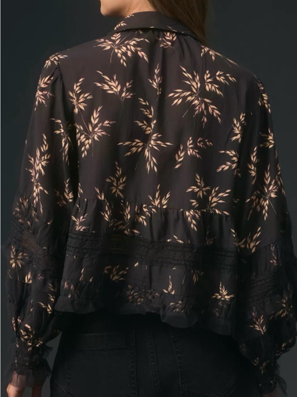 By Anthropologie V-Neck Ruffled Blouse Black Motif Women’s XXS - Picture 5 of 13